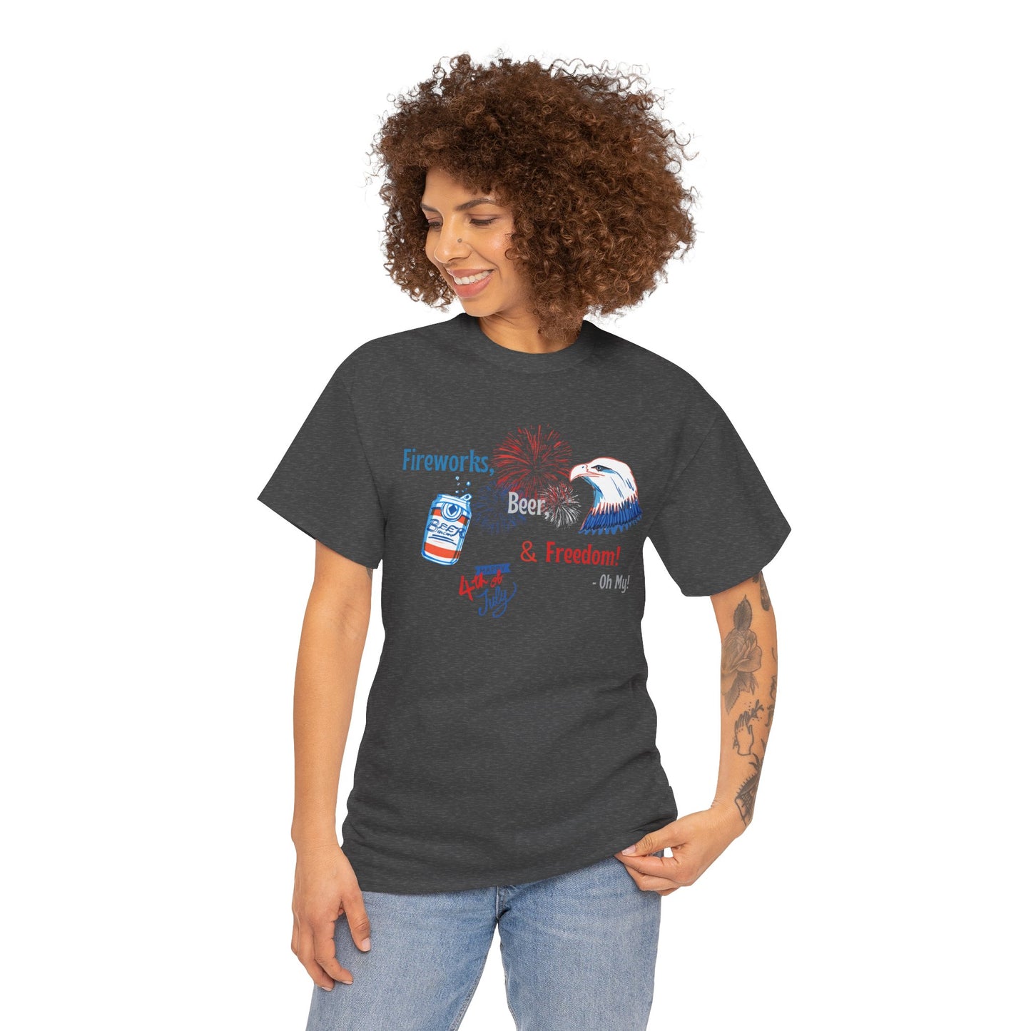 Patriotic Unisex Heavy Cotton Tee - Fireworks, Beer & Freedom Design