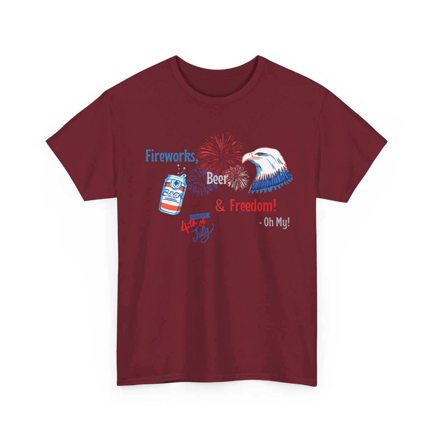 Patriotic Unisex Heavy Cotton Tee - Fireworks, Beer & Freedom Design