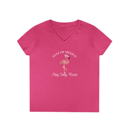 Gulf of Mexico Flamingo V-Neck T-Shirt - Stay Salty, Resist