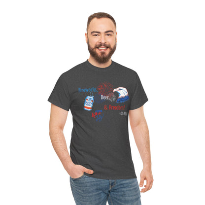 Patriotic Unisex Heavy Cotton Tee - Fireworks, Beer & Freedom Design