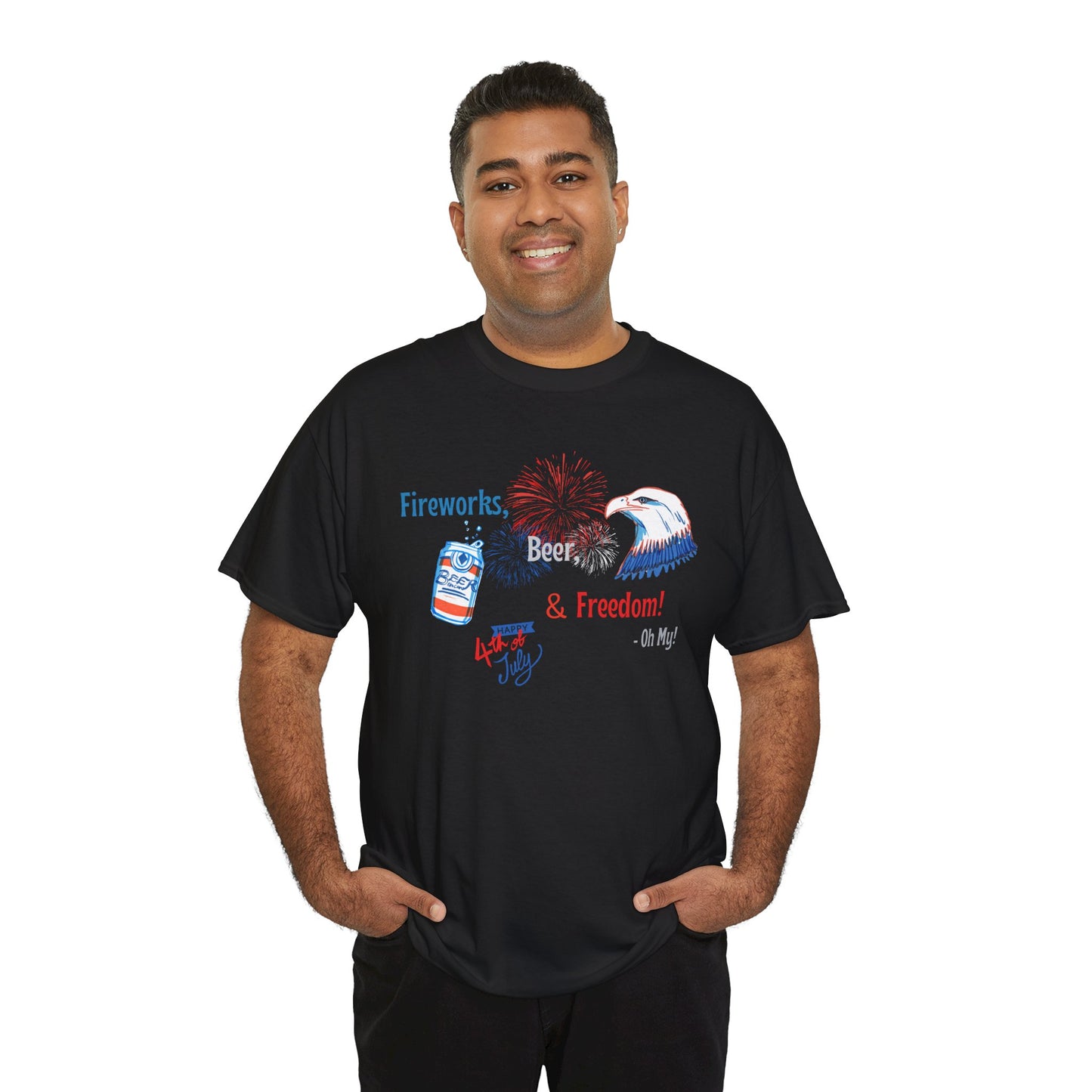 Patriotic Unisex Heavy Cotton Tee - Fireworks, Beer & Freedom Design