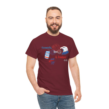 Patriotic Unisex Heavy Cotton Tee - Fireworks, Beer & Freedom Design
