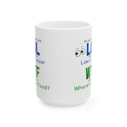 LOL Funny Ceramic Mug - Low on Liquor, Where's the Food?