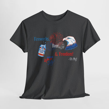 Patriotic Unisex Heavy Cotton Tee - Fireworks, Beer & Freedom Design