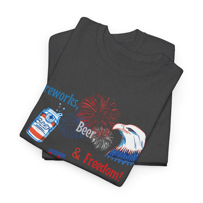 Patriotic Unisex Heavy Cotton Tee - Fireworks, Beer & Freedom Design