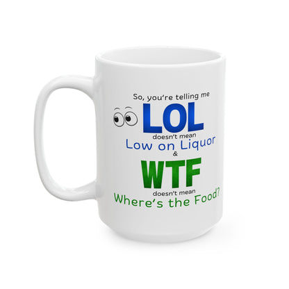 LOL Funny Ceramic Mug - Low on Liquor, Where's the Food?