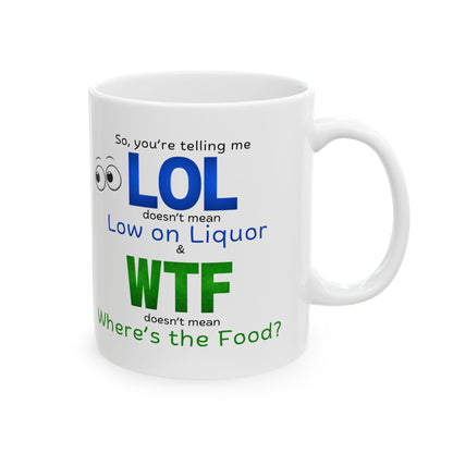 LOL Funny Ceramic Mug - Low on Liquor, Where's the Food?